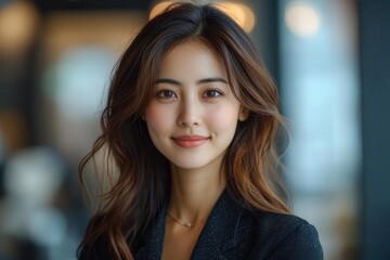 Fototapeta premium asian woman smiling during virtual team meeting working remotely from a bright modern home office soft natural light emphasizes a positive flexible work culture and worklife balance