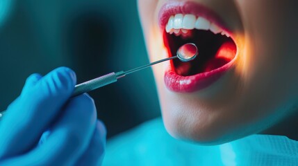 Close-up of a dental examination highlighting tools and patient mouth during appointment with focus on oral health.