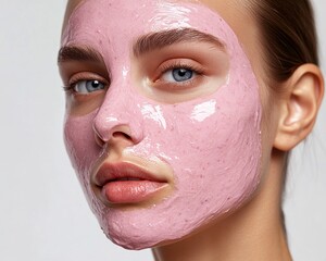 Woman with smooth pink mask on face, spa day.