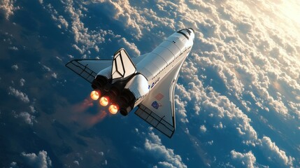 Fototapeta premium Space Shuttle Launching Above the Earth with Fiery Engines
