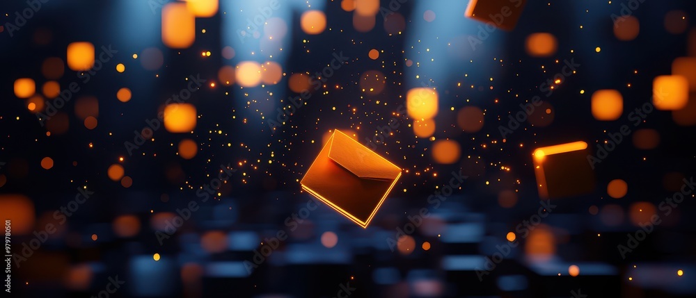Leinwandbilder Floating orange cubes in a dark space filled with glowing particles and beams of light, creating a vibrant and dynamic atmosphere.