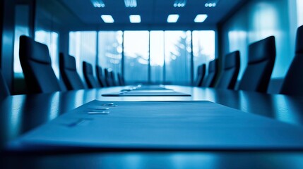 A modern conference room with a long table, empty chairs, and natural light, perfect for business meetings and corporate events.