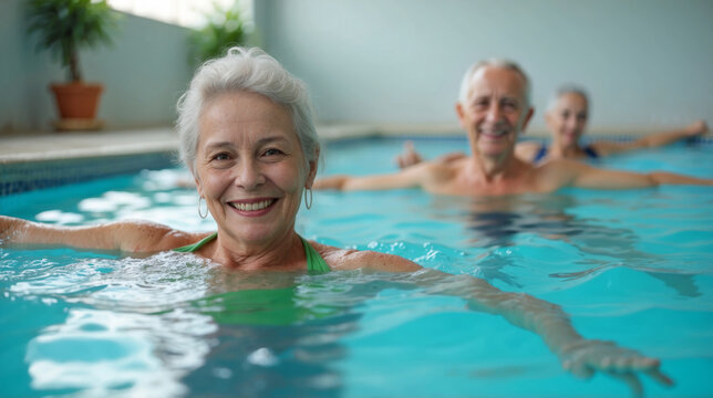 An elderly woman with a group of older people swims in an indoor pool. Active lifestyle in old age