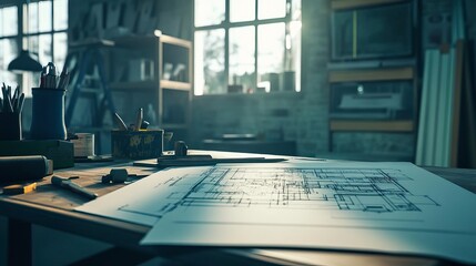 A serene workspace featuring blueprints and tools, illuminated by natural light, perfect for design and architectural inspiration.
