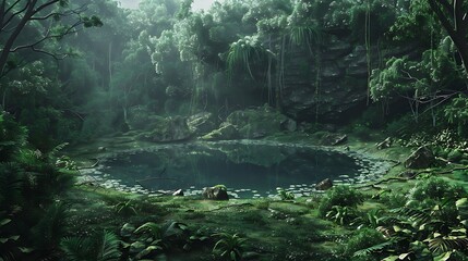 An historical shattered rock pond in the heart of a lush forest ringed by heavy wild greenery