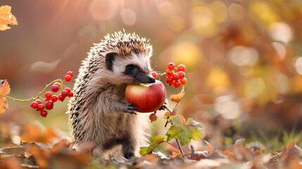 Fototapeta premium A Foraging Hedgehog Embraces the Harvest with a Juicy Red Apple