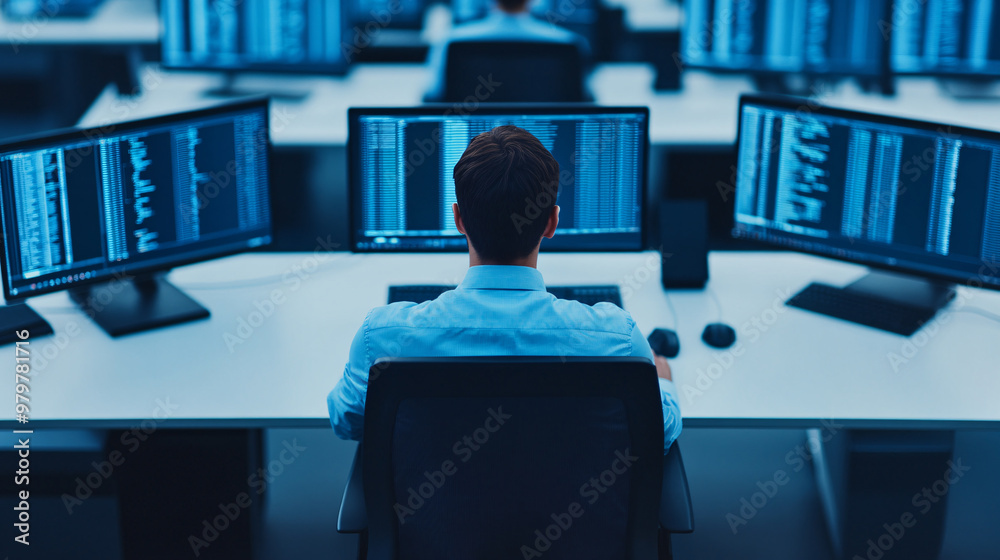 Poster a focused individual analyzing data at multiple computer screens in a modern office environment, sho