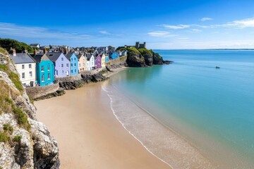 Obraz premium British Isles coastline at Tenby, with its colorful houses overlooking the beach and medieval town walls