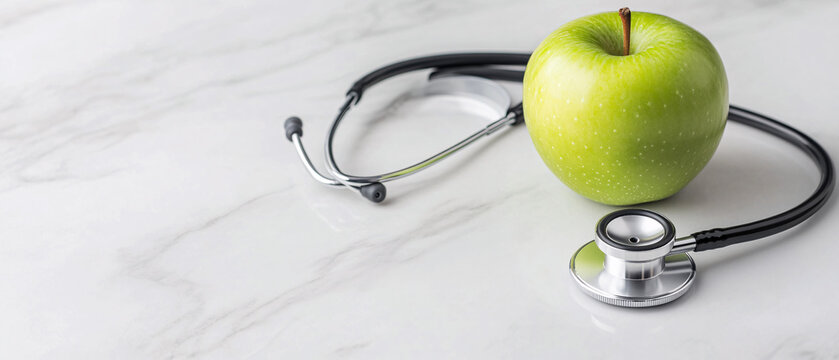 A fresh green apple beside a stethoscope on a marble surface, symbolizing health and wellness in medical care.