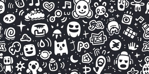 Black and white minimalist collage of playful doodles with various themes and symbols