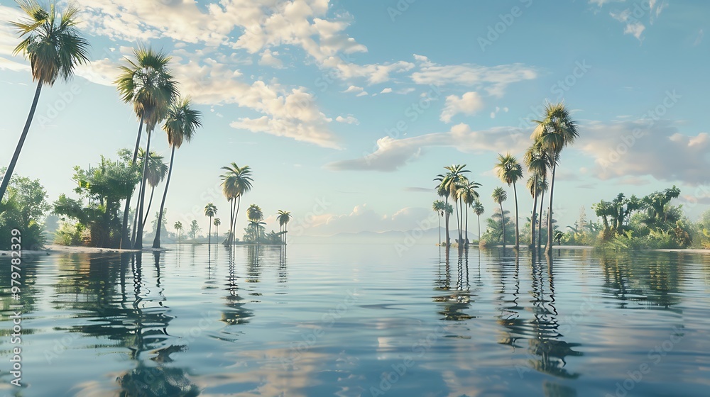 Wall mural an infinite lake and bob palm palms with texture
