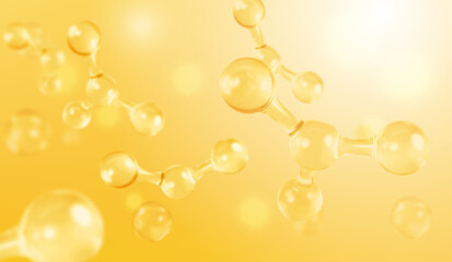 3D glass molecules or atoms on light yellow background. Concept of biochemical, pharmaceutical, beauty, medical. Science or medical. Vector 3d illustration
