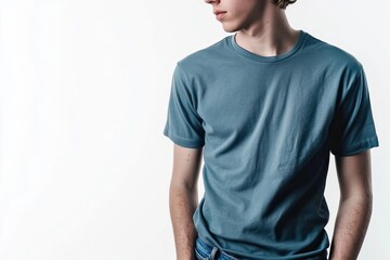 Obraz premium A young man wearing a casual blue t-shirt, exuding a relaxed and stylish demeanor against a minimalistic background.