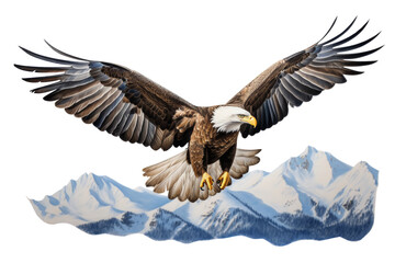 Obraz premium Bald eagle soaring high above mountains, embodying freedom and wild nature ,Isolated on transparent background,Isolated on transparent background