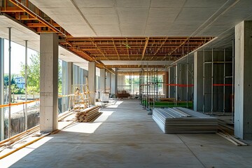 Bright and spacious construction site with exposed framework and unfinished interior, showcasing raw material and structural elements.