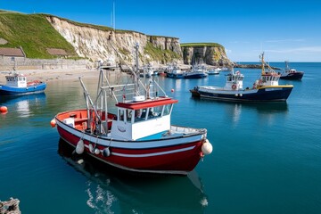 British Isles coastline with fishing boats bobbing in a quiet harbor at Whitby, nestled below...