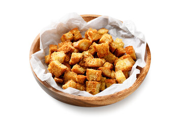 Homemade crunchy croutons flavored with parmesan cheese isolated on white background