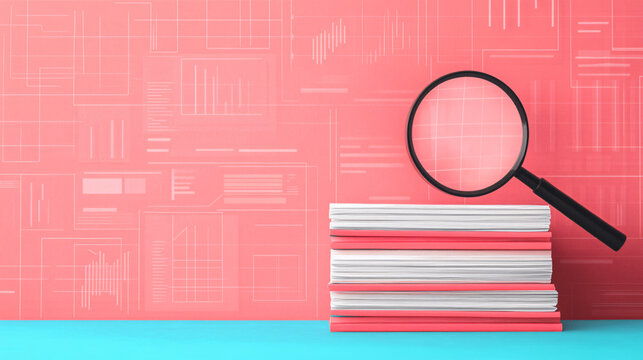 A modern still life of stacked books with a magnifying glass on a vibrant coral background, perfect for study or research concepts.
