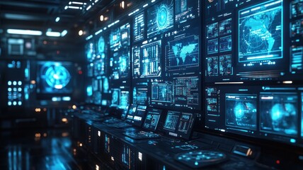 Naklejka premium A dynamic digital wall filled with multiple data screens in a high-tech control room, showcasing a futuristic environment with cool blue tones and an immersive atmosphere.