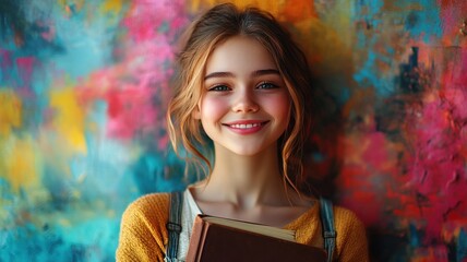 A cheerful girl smiles brightly as she holds a book, standing against a vibrant, abstract background, symbolizing the joy of learning and youthful energy.
