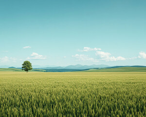 Fototapeta premium A serene landscape featuring a lone tree amidst vast green fields under a clear blue sky, ideal for peaceful natural imagery.