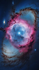 A stunning cosmic scene featuring a swirling nebula with vibrant colors. The nebula is illuminated from within, creating a glowing effect, surrounded by twinkling stars in a dark space background.