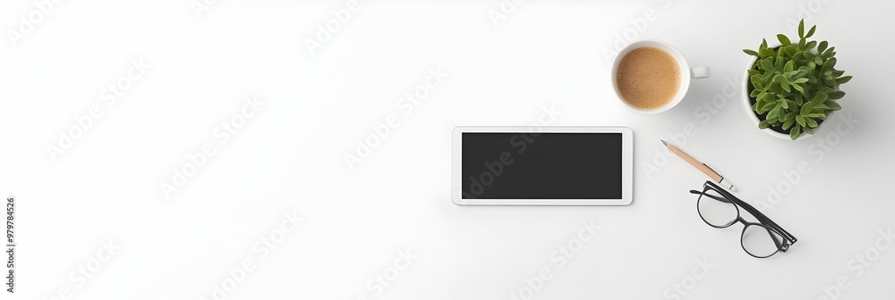 Poster Minimalist Desk Setup with Tablet and Pen   Clean Workspace for Business or Tech Related Content
