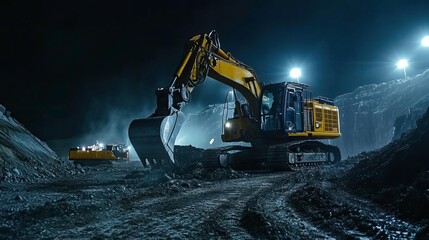 Heavy excavator working at night in an illuminated construction site, showcasing industrial machinery in action.