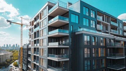 Obraz premium Modern apartment building with balconies and construction crane, showcasing urban architecture and city skyline in the background.