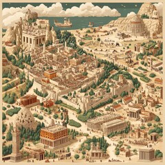 Fototapeta premium Ancient Greek Cityscape with Temples Buildings and People