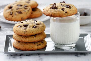 Glass of milk with delicious chocolate chip cookies