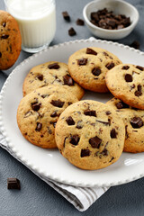 Delicious chocolate chip cookies on gray background.