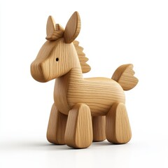 A charming wooden toy horse, showcasing natural wood grain and a playful design, perfect for children's playtime and decor, white background