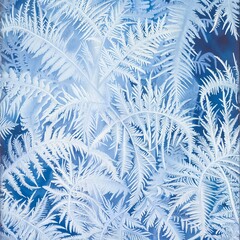 Intricate frost patterns resembling ferns on a glass surface against a cool blue background