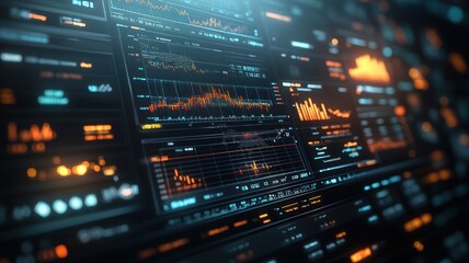 Obraz premium A financial market analysis dashboard, showcasing digital finance and data visualization with modern technology.