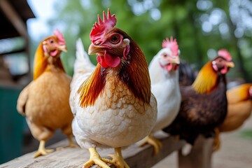 Farm animals like chickens roosting in the coop, settling down for the night