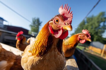 Farm animals like chickens roosting in the coop, settling down for the night