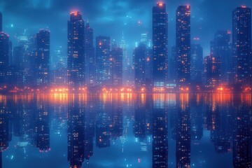 breathtaking cityscape at blue hour soaring skyscrapers with countless illuminated windows creating tapestry of light reflecting in calm waterfront embodiment of urban energy