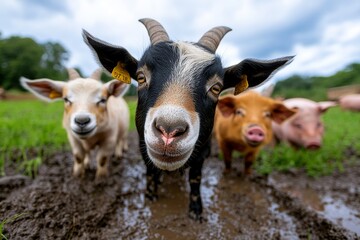 Farm animals like goats and pigs playing in the mud, enjoying the freedom of the farm