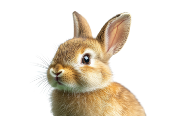 Fluffy baby rabbit sitting in a field of clover, with its ears perked up and eyes wide open,Isolated on transparent background.,Isolated on transparent background