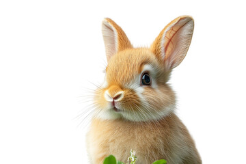 Fototapeta premium Fluffy baby rabbit sitting in a field of clover, with its ears perked up and eyes wide open,Isolated on transparent background.,Isolated on transparent background