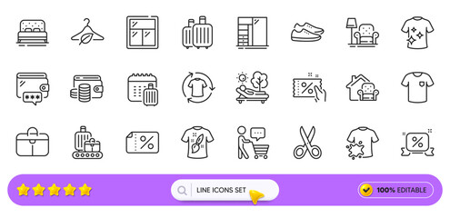 Buyer think, Baggage calendar and Armchair line icons for web app. Pack of Cupboard, Discount coupon, Wallet money pictogram icons. Wallet, Lounger, Window signs. Baggage, Clean t-shirt. Vector