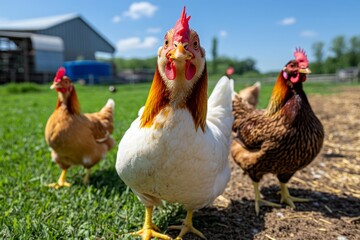 Fototapeta premium Farm animals such as chickens and ducks roaming freely around the farmyard