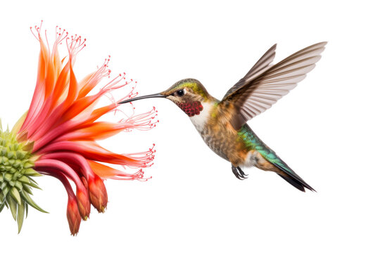 Hummingbird hovering near a flower, showcasing the agility of small birds ,Isolated on transparent background.,Isolated on transparent background