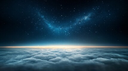 Night sky glowing with stars, distant horizon, soft clouds, serene darkness.