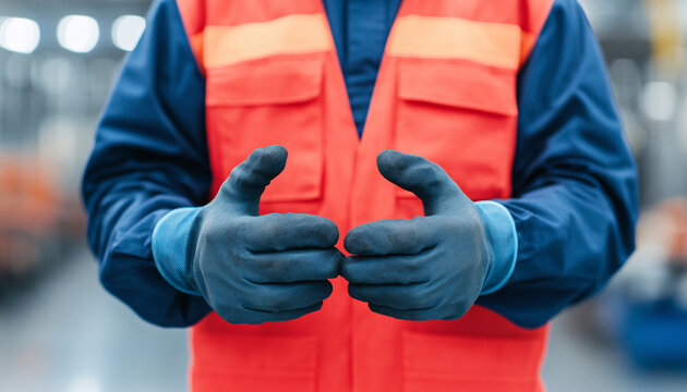 A worker in a safety vest and gloves demonstrates readiness in a warehouse environment, showcasing safety and professionalism.