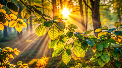 Obraz premium Radiant sunlight filtering through green leaves in a serene forest setting