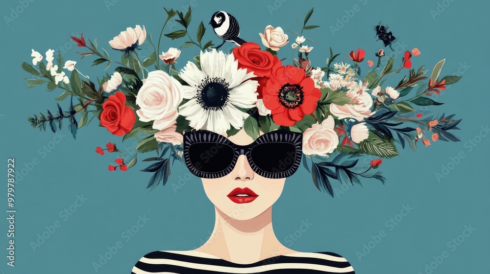 Wall mural a stylish woman adorned with vibrant flowers and sunglasses in a colorful fashion illustration