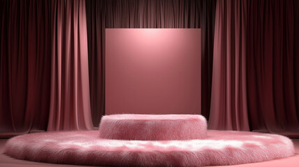 Soft Pink Fluffy Podium with a Draped Curtain Background for Showcasing Cosmetics and Skincare Products
