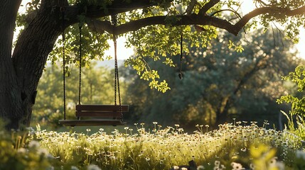 An retro garden swing suspended from an oak tree with a daisy field in the distance